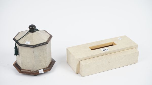 A modern white shagreen and sandalwood tissue box case of contemporary rectangular form, 30cm wide and a shagreen and hardwood box and cover of octago