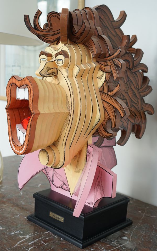 B Marty; Mick Jagger, a painted laminated wood three dimensional caricature bust, signed, 66cm high.