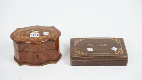 A French kingwood scent bottle casket with parquetry inlay to the lid, containing three glass, gilt metal and porcelain mounted scent bottles, 18cm wi