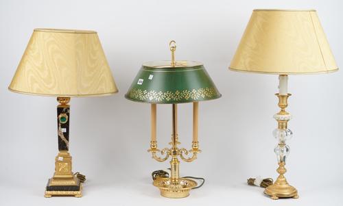 A Victorian style gilt metal boulliotte table lamp with adjustable green tin shade, 65cm high, a Victorian style marble and gilt metal column table la