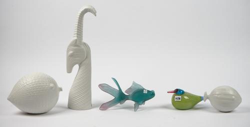 A group of modern decorative ceramic and glass animal models, including; a Daum style model of a clown fish, a Murano style duck and sundry.