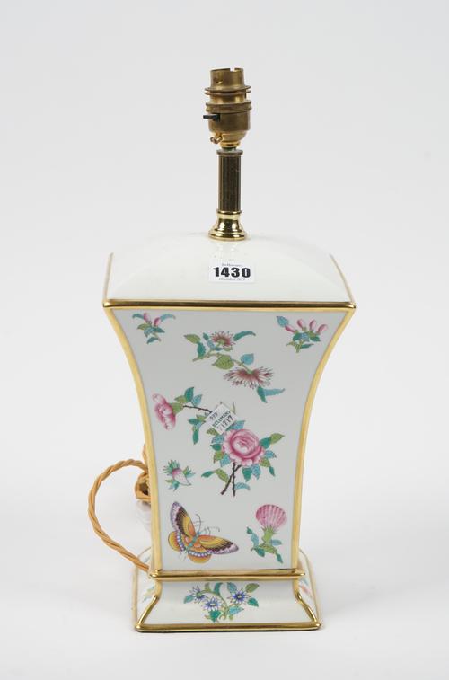 A modern Herend lamp base decorated with birds and butterflies, 50cm high.