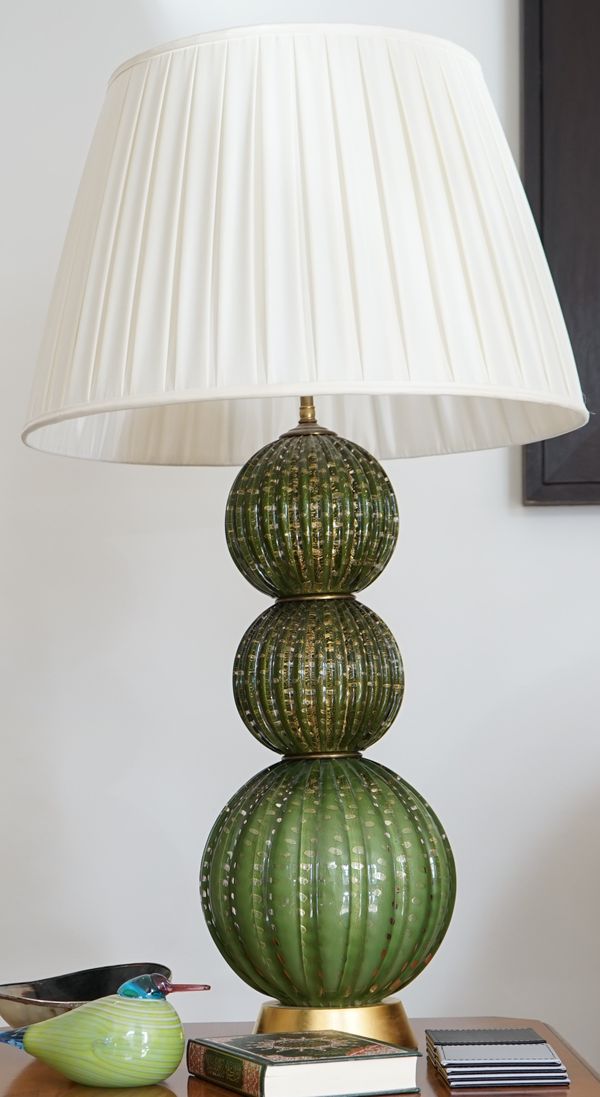 A pair of modern green and gold flecked lamps of triple gourd form, 93cm high, with a pair of shades.