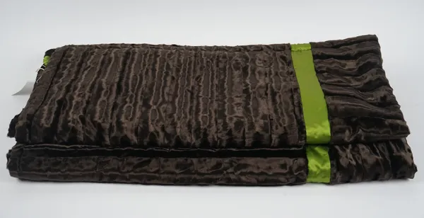 Cyril Gonzalez; a faux fur brown throw with lime green silk stripe, approx. 190 x 160cm and a brown velvet and aqua patterned throw, approx. 150cm x 1