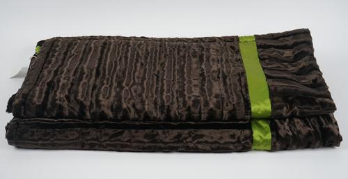 Cyril Gonzalez; a faux fur brown throw with lime green silk stripe, approx. 190 x 160cm and a brown velvet and aqua patterned throw, approx. 150cm x 1