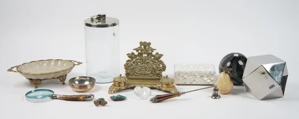 A group of modern decorative objects, including a Victorian style brass desk stand, a Jay Strongwater decorative pear and a mother-of-pearl box and su
