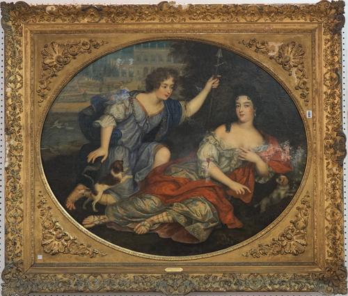 In the manner of Sir Godfrey Kneller, a lady with pet dogs and attendant before a classical house, oil on canvas, oval, 99cm wide x 120cm high.