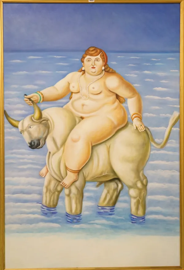 After Fernando Botero, Nude riding a bull in the sea, oil on canvas, 148cm high x 99cm wide.