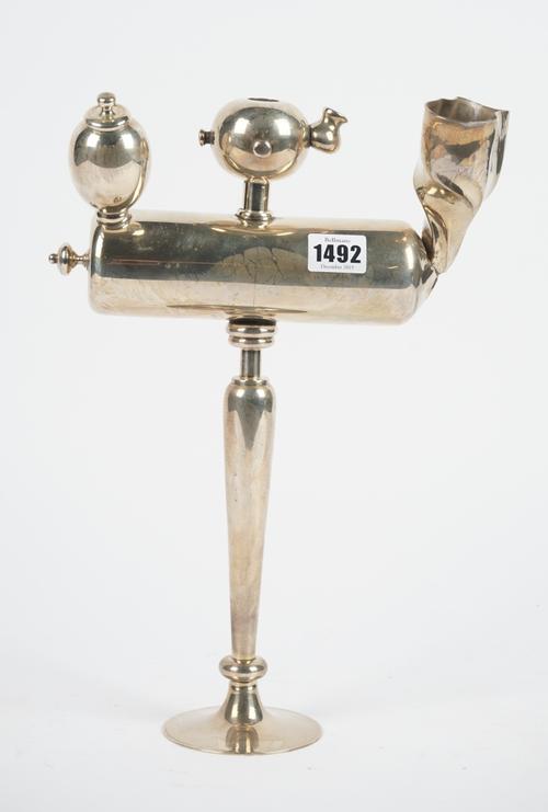 An Italian modernist Sterling silver oil lamp or table lighter, raised on a tapered stem and circular pedestal foot, by Pamparoni, height 35.5cm, weig