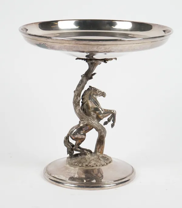 A silver plated pedestal bowl, the circular dished top raised on a cast spiralling tree, with a horse rearing at the base, height 25.5cm.