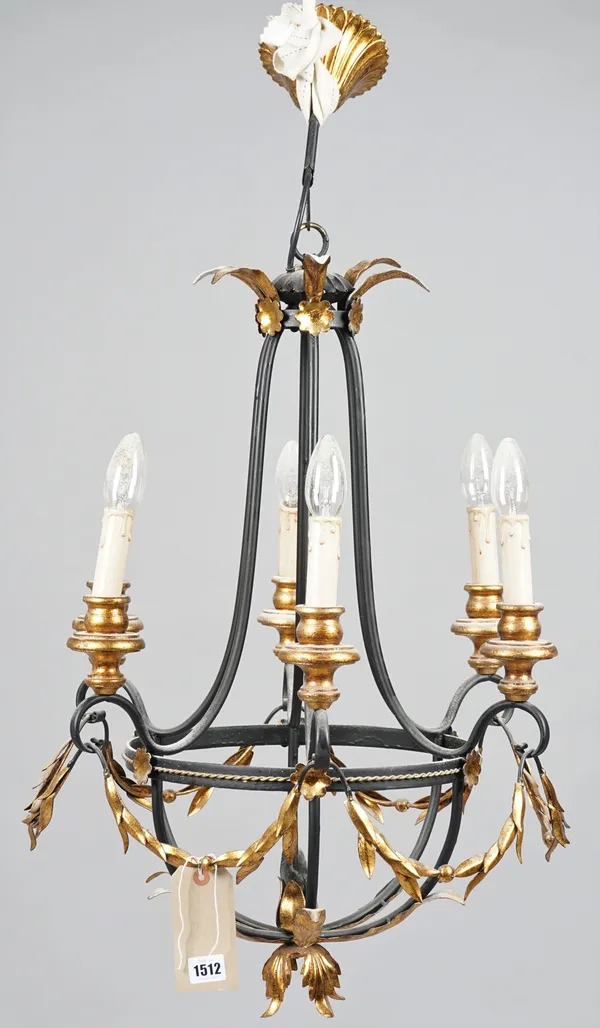 An 18th style century black and gold painted metal six branch chandelier with swag decoration, 47cm wide x 71cm high.