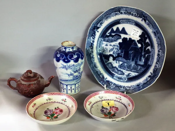Asian ceramics, mostly Chinese porcelain, 18th and 19th century including; tea bowls, saucers, plates, commode, and Japanese later ceramics and cloiso