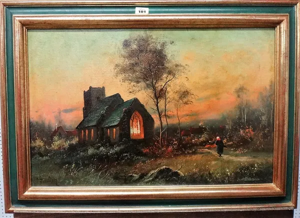 ** Peradin (19th/20th century), Church in a sunset landscape, oil on canvas, signed, 38cm x 58cm.