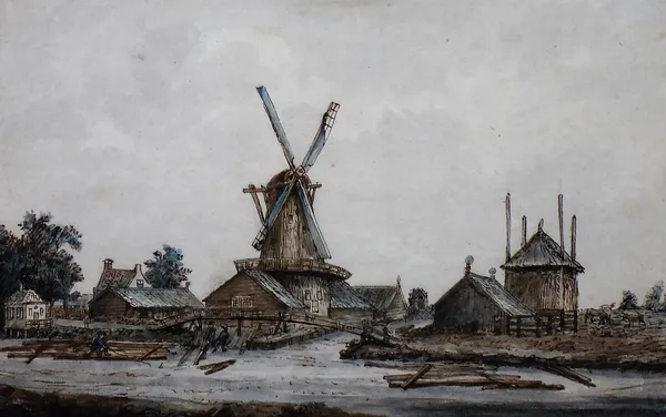 Follower of Anthonie van Borssom, Windmill and other buildings in a landscape, watercolour and pen and ink, 20cm x 30cm.