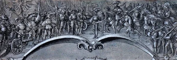 German School (17th century), A parade of soldiers: design for an overdoor, pen, and ink on grey paper heightened with white, unframed 11cm x 32.5cm.