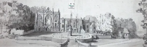 English School (19th century), A view of an Abbey and country house, monochrome watercolour, 16cm x 47cm.; together with a further monochrome watercol
