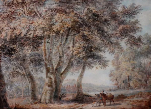Circle of William Payne, Figure and donkeys on a wooded track, watercolour, 39cm x 54cm.