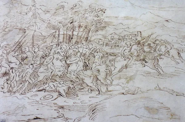 Circle of Domenico Campagnola, Battle scene, pen and ink, 19.5cm x 28cm.