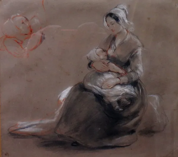 Circle of David Wilkie, Mother and child, coloured chalks, 25cm x 27.5cm.