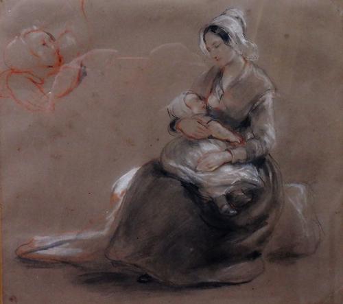 Circle of David Wilkie, Mother and child, coloured chalks, 25cm x 27.5cm.
