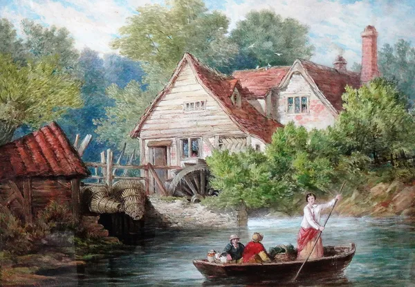 Henry Edwin Hobson (fl.1857-1866), Punting by the mill, watercolour and bodycolour, signed and dated /70, 53cm x 75cm.