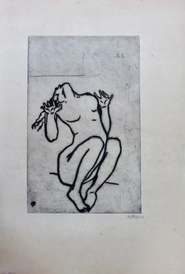 A group of eight 20th century lithographs, etchings and wood cuts of figurative subjects, including three signed Johannes Wohlfart? all unframed, vari