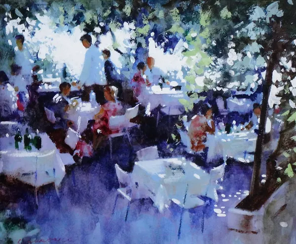 Lawrence Fish, (contemporary), Luncheon in Dubrovnik, watercolour and gouache, signed, 21cm x 26cm.  DDS