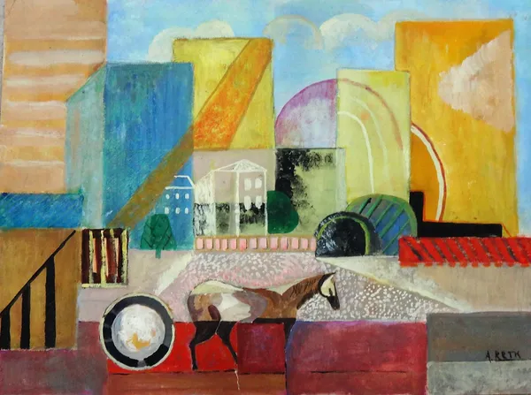 Attributed to Alfred Reth (1884-1966), Horse in a cityscape, mixed media, bears a signature, unframed, 28cm x 37.5cm.