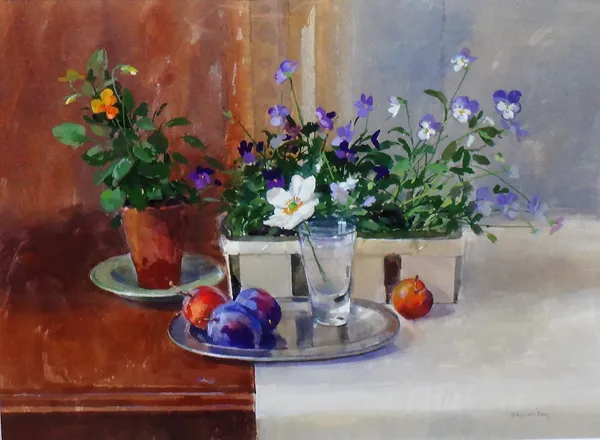 Pamela Kay (b.1939), Still life of Violas and plums, watercolour and gouache, signed, 32cm x 45cm. DDS