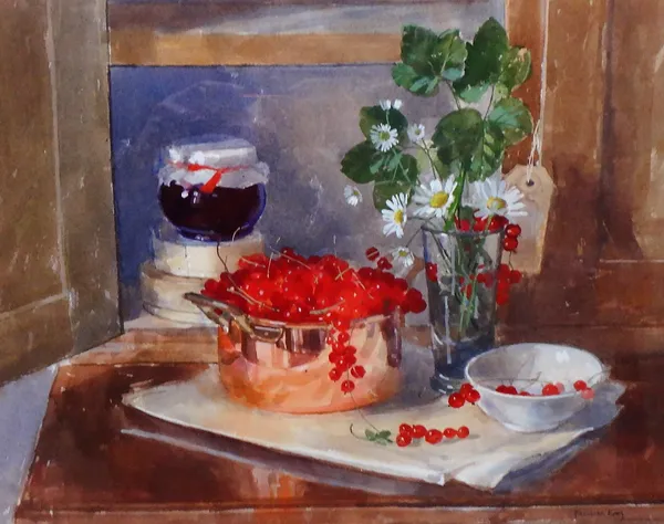 Pamela Kay (b.1939), Still life of preserves and redcurrants in a copper pan, watercolour and gouache, signed, 31cm x 40cm.. DDS
