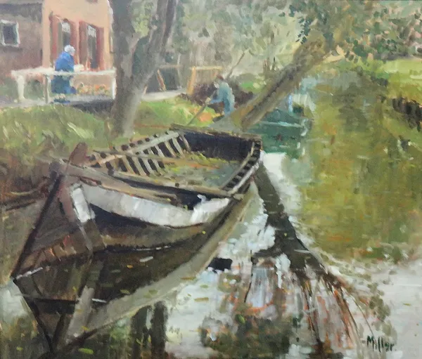 Clive Miller (20th century), Canal view: Dwarsgracht, Orenthe, Netherlands, oil on canvas, signed, 59cm x 69cm.Provenance: Purchased from the Royal Ac