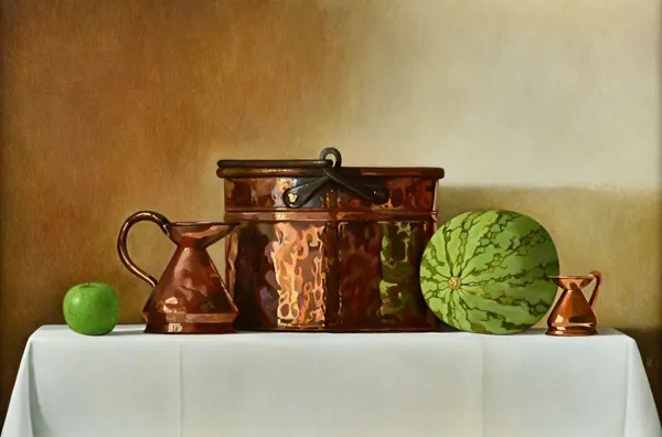 Ian McAllister (b.1966), Still life of copper and fruit, oil on canvas, 61cm x 93cm. DDS Illustrated