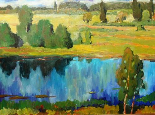 Russian School (late 20th century), Summer landscape; Autumn landscape, a pair, oil on canvas, one inscribed verso, each 52cm x 72cm.(2)