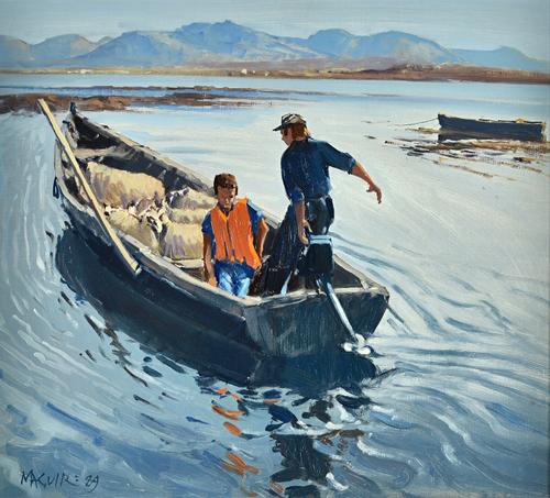 Cecil Maguire (b.1930), Folan and a few sheep at Inishlackan 1989, acrylic on canvas, signed and dated '89, inscribed to reverse, 44cm x 50cm. DDS Ill