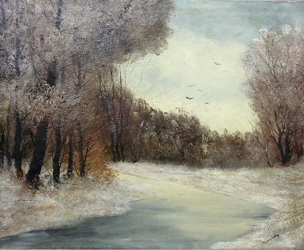 Medn***** (20th century), Winter landscape, oil on canvas, indistinctly signed, unframed, 56cm x 69cm.