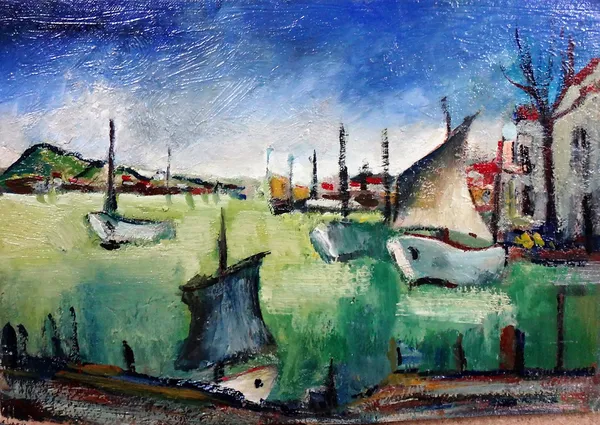 Manner of Carlo Carra, Harbour scene, oil on canvas laid on board, bears a signature and date, unframed, 24cm x 34.5cm.