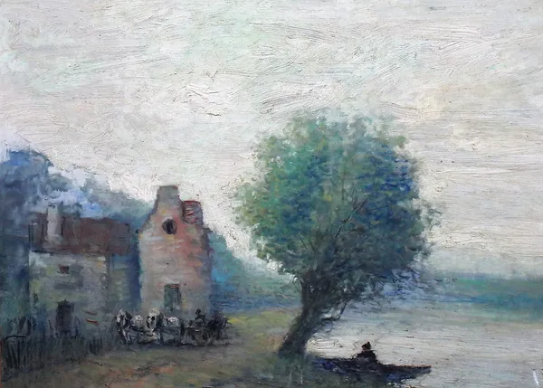 Attributed to Albert Lebourg (1849-1928), Lakeside cottage, oil on canvas, bears a signature, unframed, 50cm x 65.5cm.