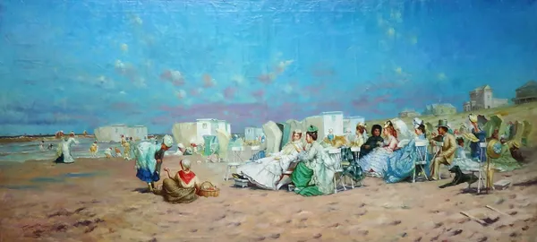 ** Tirkearria (late 20th century), Beach scene with figures in late 19th century dress, oil on canvas, signed, unframed, 92cm x 201cm.
