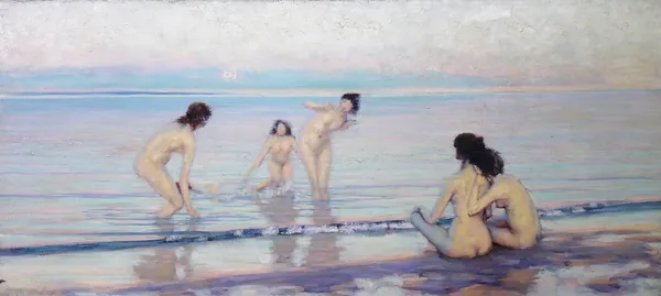 French School (19th century), Bathers on the shore, oil on canvas, unframed, 55cm x 121cm.