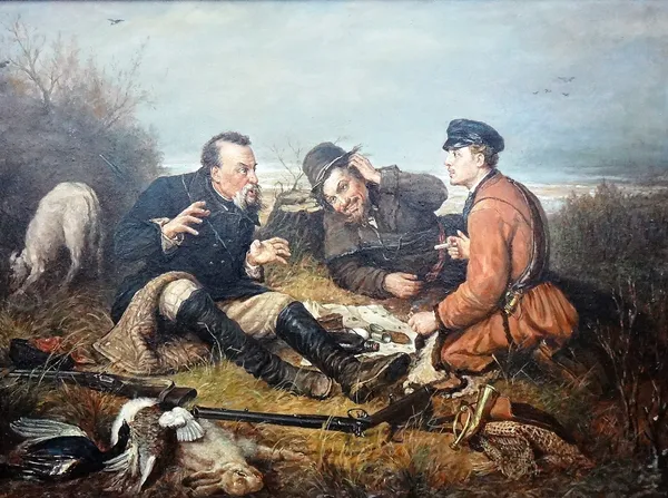 Russian School (20th/21st century), Huntsmen resting in a landscape, oil on canvas, signed, inscribed and dated 2004 in Cyrillic on reverse, 68cm x 91