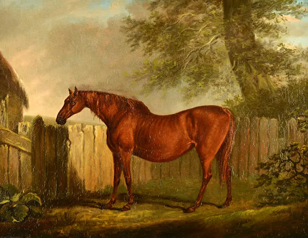 English School (19th century), A Bay Hunter in a yard, 'Shuttle': A Chestnut hunter in a landscape, a pair, oil on panel, each 51cm x 67cm.(2) Illustr