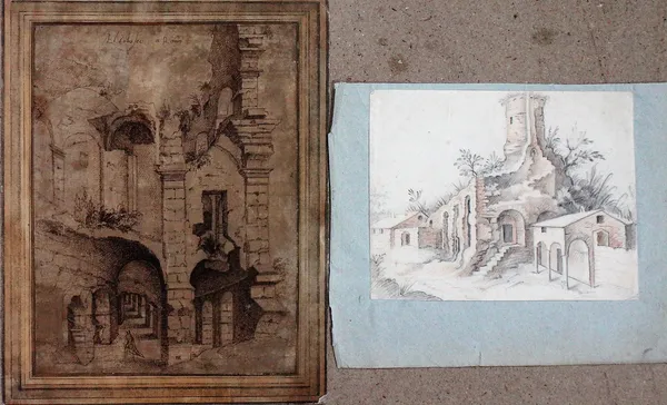 P** H** (18th/19th century), Study of the Colosseum, Rome, pen and ink, signed with initials and inscribed, 26cm x 19cm.; together with a further penc