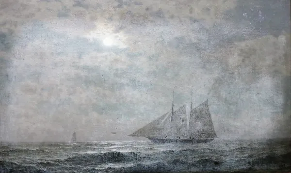 English School (19th century), Vessel sailing by moonlight, oil on canvas, 29cm x 49cm.; together with a further oil attributed to Slaughter.(2)