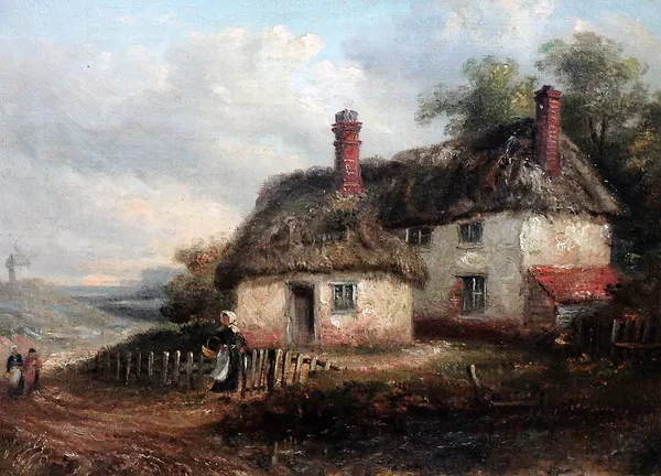 Follower of John Linnell, Figures before a cottage, oil on canvas, bears an indistinct signature, 29cm x 39cm.
