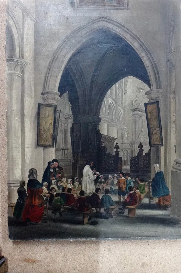 Manner of David Roberts, Children in a church interior, oil on canvas, unframed, 38cm x 28cm.