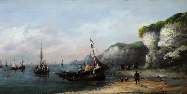 French School (19th century), A beach scene with figures and boats, oil on panel, 20cm x 38.5cm.