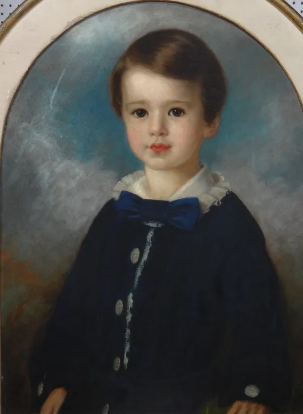 English School (19th century), Portrait of a Henry Titherington as a young boy, oil on board, arched top, 60cm x 44cm.