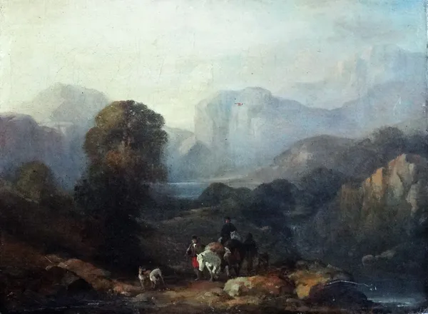 Continental School (19th century), Travellers in a mountainous landscape, oil on canvas, unframed, 30.5cm x 40.5cm.