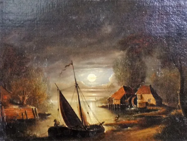 Manner of Henry Pether, Moonlit river scene, oil on canvas, 23cm x 30cm.