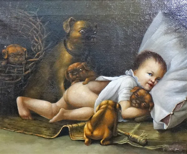 Continental School (19th century), An infant with Dog and puppies, oil on canvas, 35cm x 43cm.